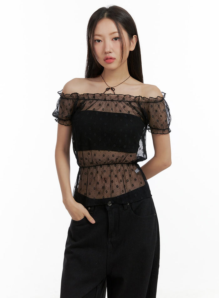 floral-mesh-off-shoulder-top-cl418 / Black