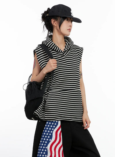 oversized-striped-sleeveless-hoodie-cl525 / Black