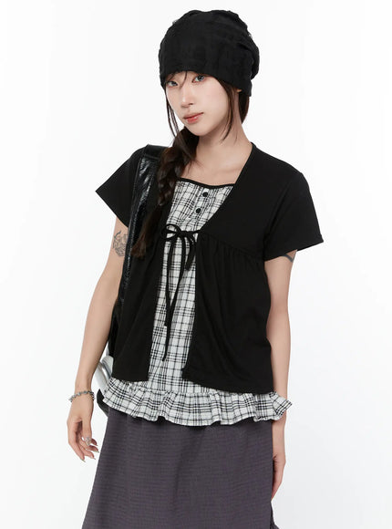 layered-check-frill-sleeve-top-cy515 / Black