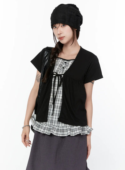 layered-check-frill-sleeve-top-cy515 / Black