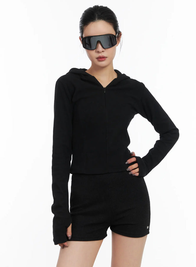 slim-fit-half-zip-hoodie-top-cd505 / Black