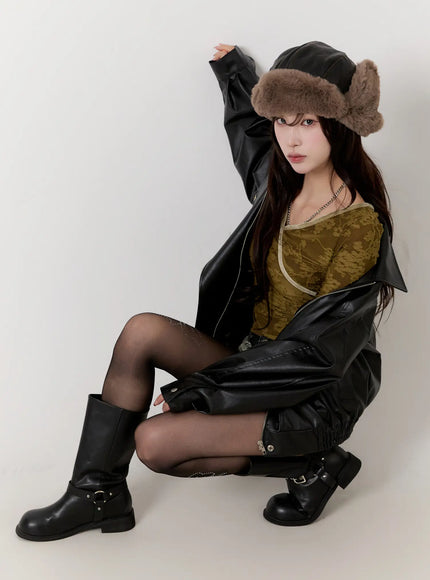 oversized-faux-leather-jacket-cn524 / Black