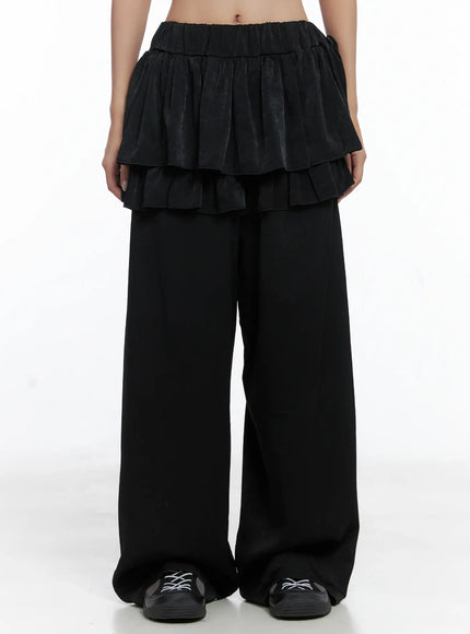 ruffle-layered-wide-leg-pants-cs502 / Black