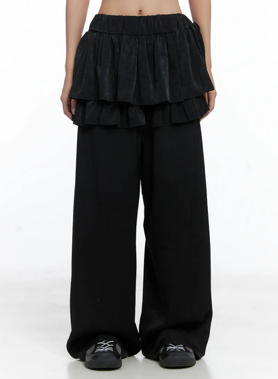 ruffle-layered-wide-leg-pants-cs502 / Black
