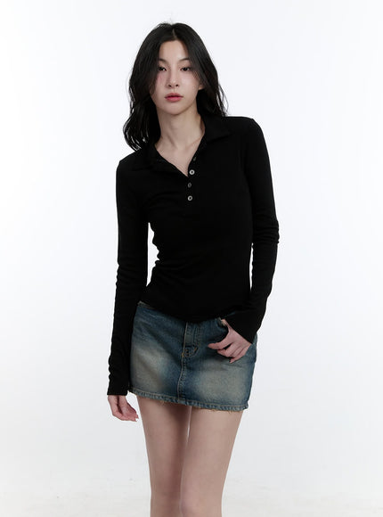 Basic Slim-Fit Collared Long Sleeve Top CJ521