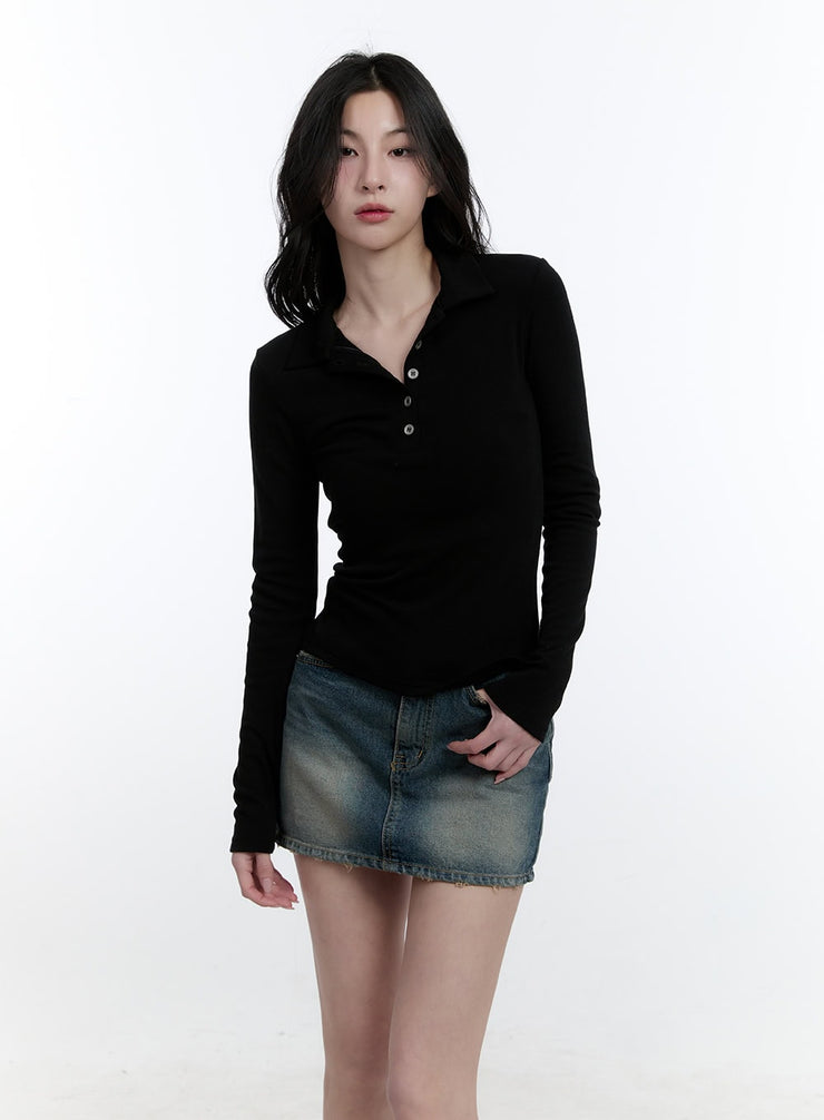 Basic Slim-Fit Collared Long Sleeve Top CJ521