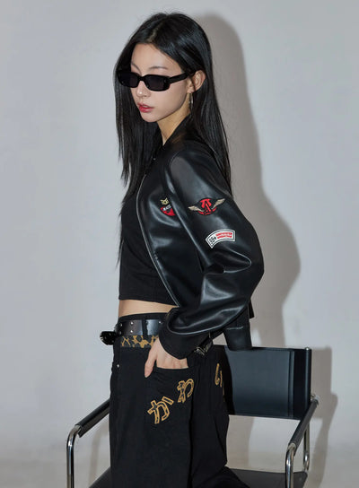 graphic-crop-leather-jacket-cc1109 / Black