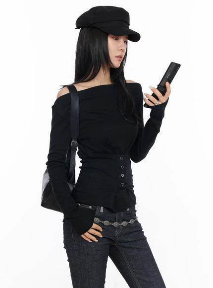 off-shoulder-corset-long-sleeve-top-cm516 / Black