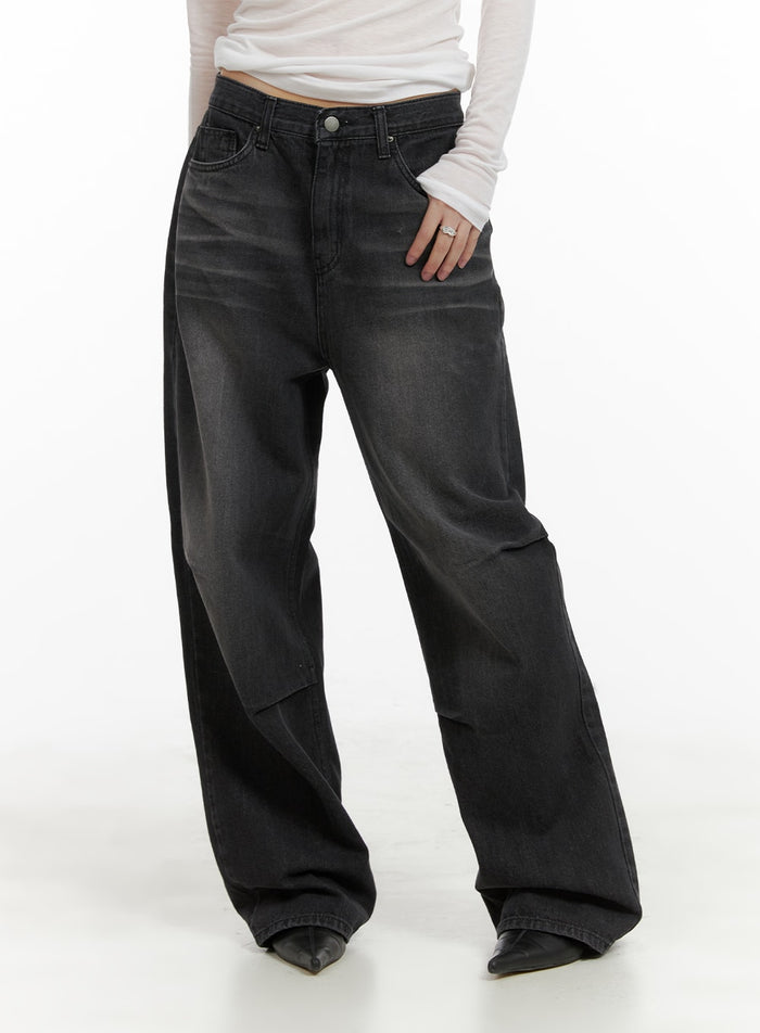 pintuck-washed-denim-wide-leg-jeans-ca419 / Black