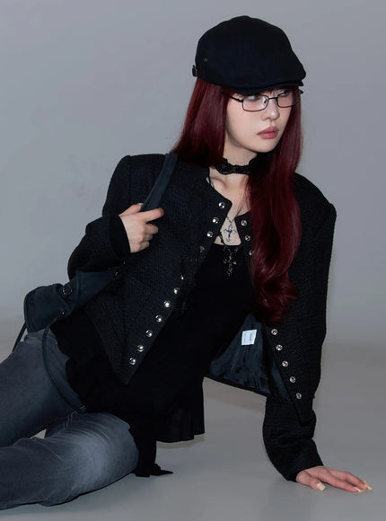tweed-snap-button-jacket-cd1202 / Black