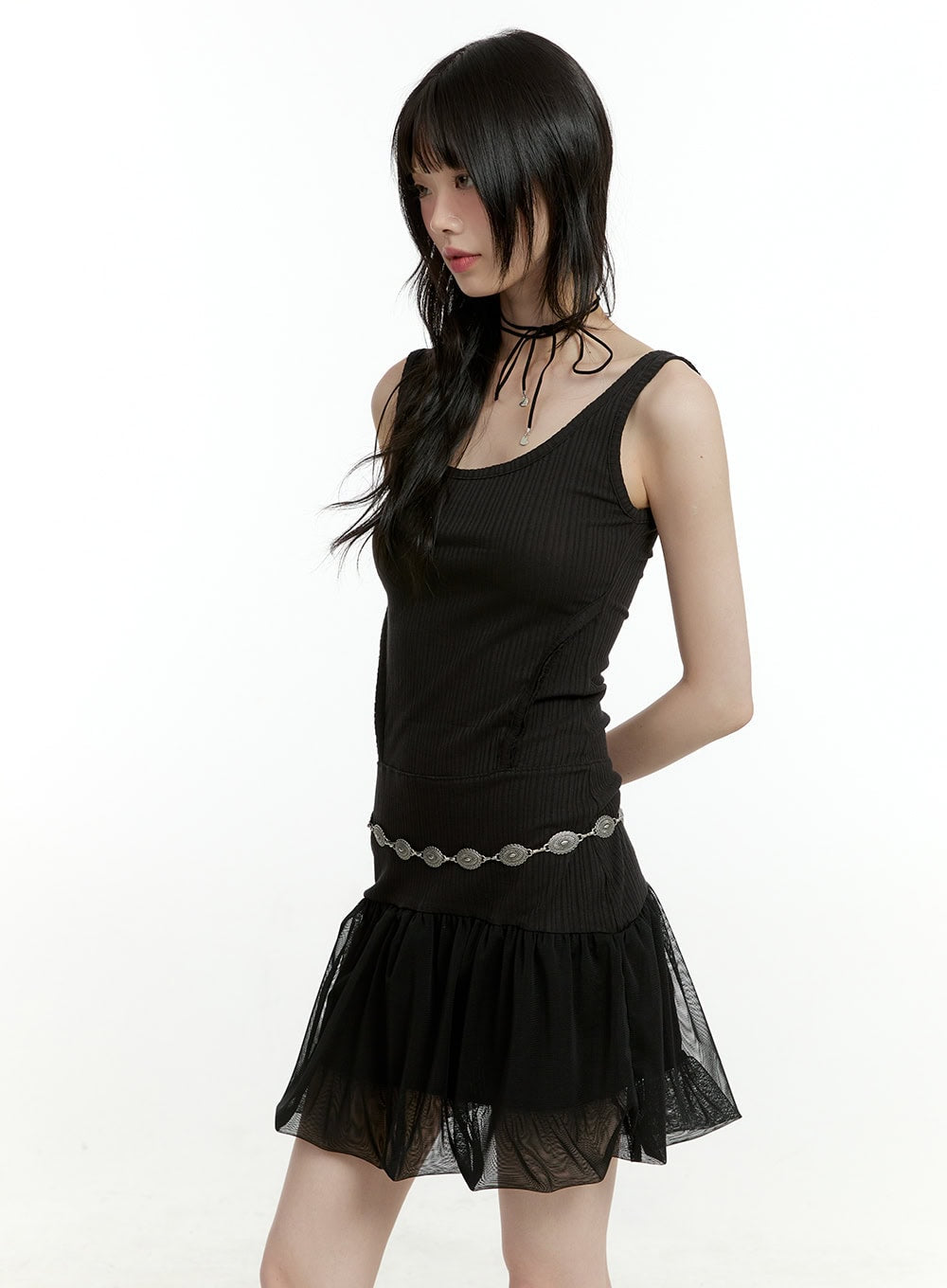 deep-u-neck-drop-waist-mini-dress-cl426 / Black