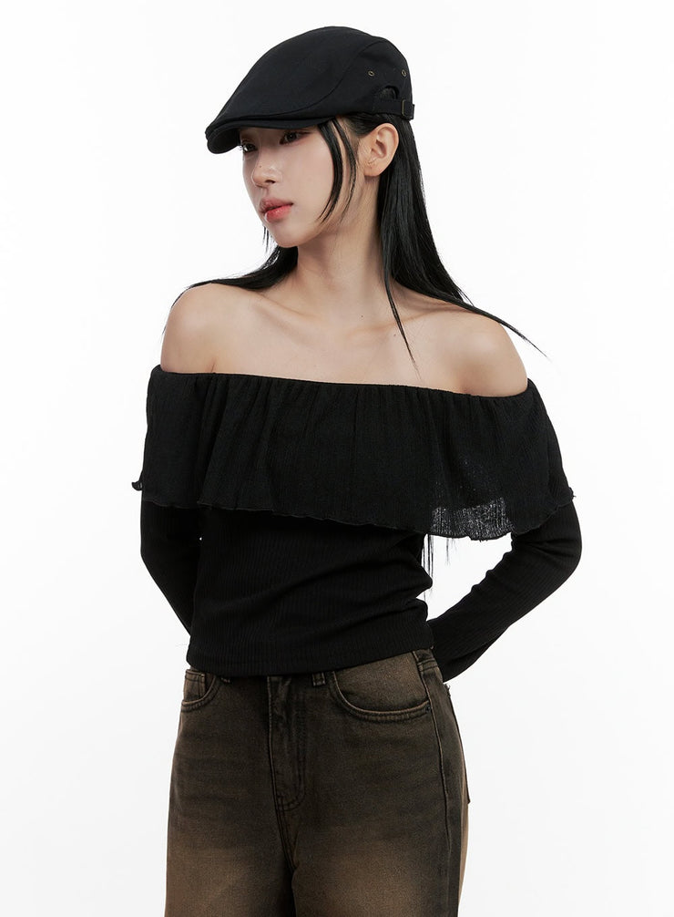 ruffle-charm-off-shoulder-crop-top-cn408 / Black