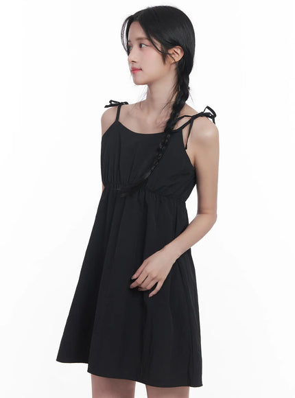 flared-ribbon-tie-mini-dress-cu525 / Black