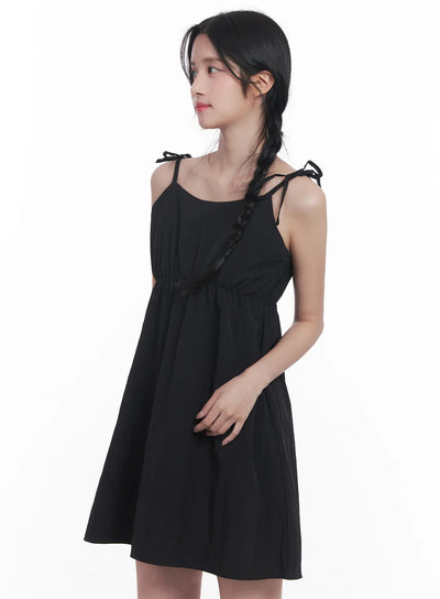 flared-ribbon-tie-mini-dress-cu525 / Black