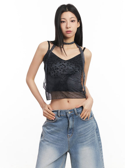 leopard-mesh-crop-cami-top-with-scarf-ca516 / Black