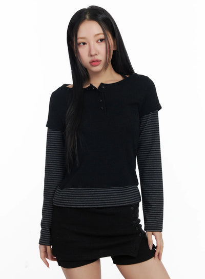 stripe-contrast-layered-long-sleeve-top-cj514 / Black