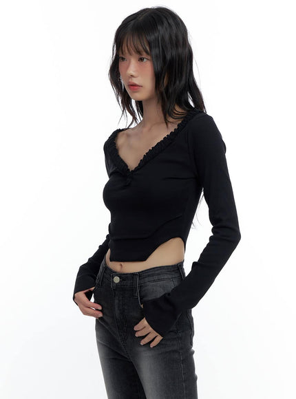 v-neck-ruffle-slim-fit-crop-top-cs420 / Black