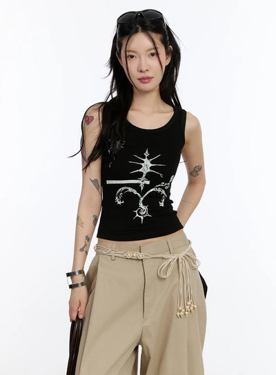 gothic-print-ribbed-tank-ca506 / Black
