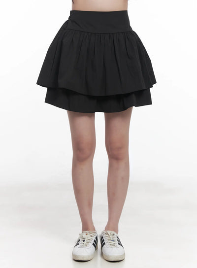 shirred-ruffle-mini-skirt-cu525 / Black