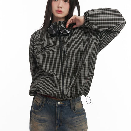 checkered-hooded-windbreaker-jacket-cf519 / Black