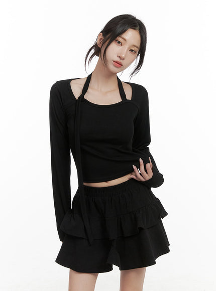 sleek-strap-slim-long-sleeve-crop-top-cs430 / Black