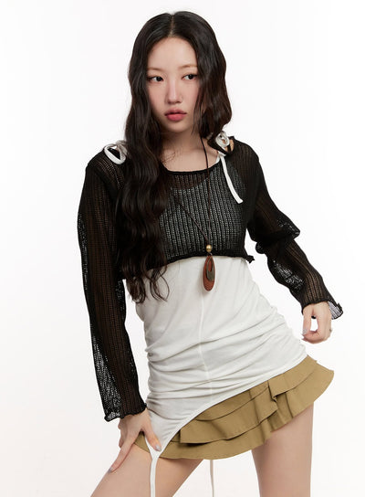 sheer-knit-long-sleeve-crop-top-cm510 / Black