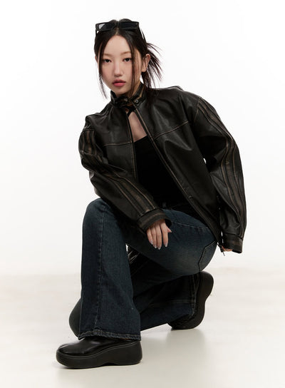 unisex-oversized-faux-leather-jacket-cm507 / Black