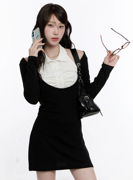 cut-out-collar-contrast-mini-dress-co501 / Black