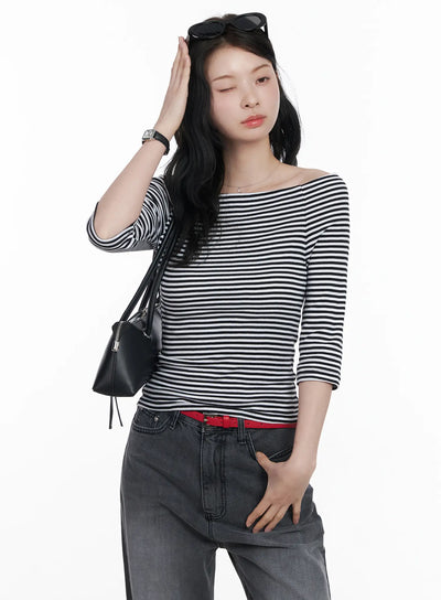 striped-off-shoulder-3-4-sleeve-top-ca510 / Black