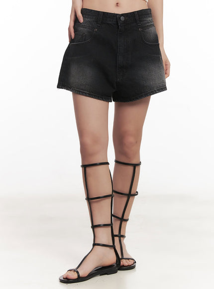 stitched-denim-washed-shorts-ca530 / Black