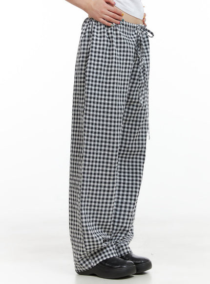 checkered-banded-cotton-wide-leg-pants-cg408 / Black