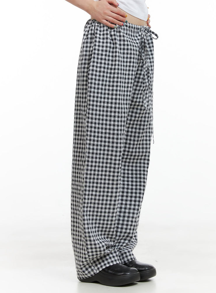 checkered-banded-cotton-wide-leg-pants-cg408 / Black