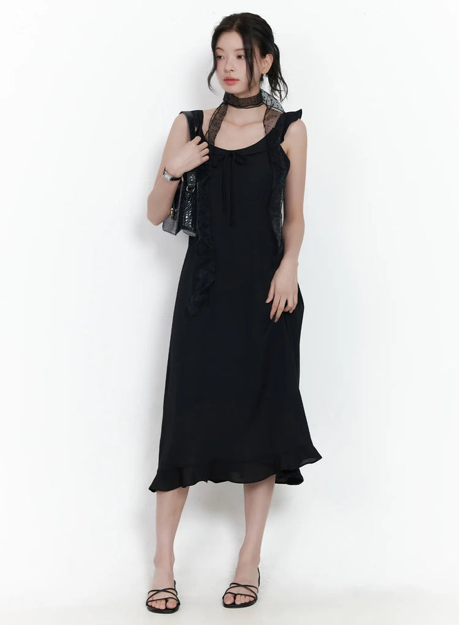 round-neck-frill-maxi-dress-ca509 / Black