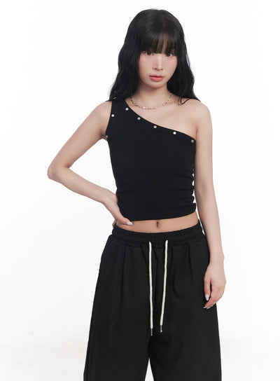 studded-one-shoulder-crop-tank-top-cy527 / Black