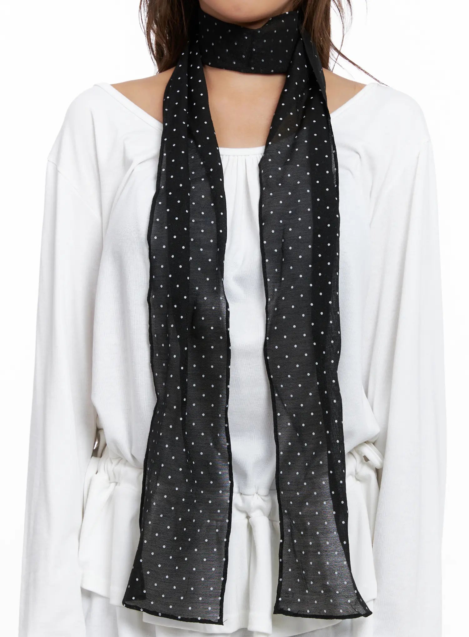 sheer-polka-dot-skinny-scarf-cs524 / Black