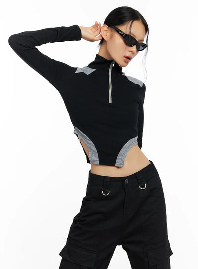 ribbed-contrast-half-zip-top-co528 / Black