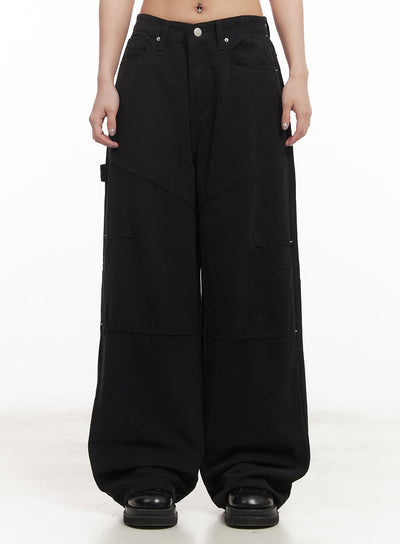 studded-wide-leg-carpenter-pants-cm506 / Black