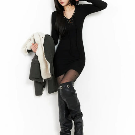 ribbed-lace-up-bodycon-mini-dress-cd508 / Black