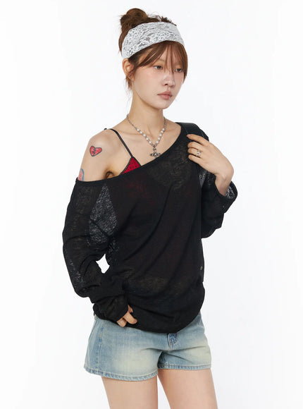 sheer-off-shoulder-long-sleeve-top-cy528 / Black