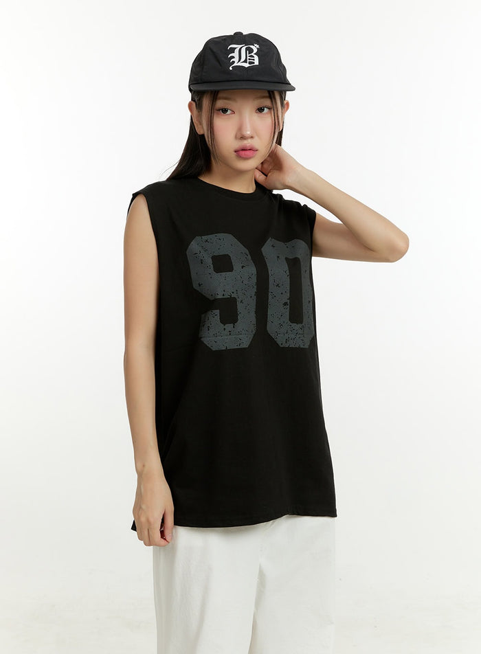lettering-oversize-cotton-sleeveless-top-cu428 / Black