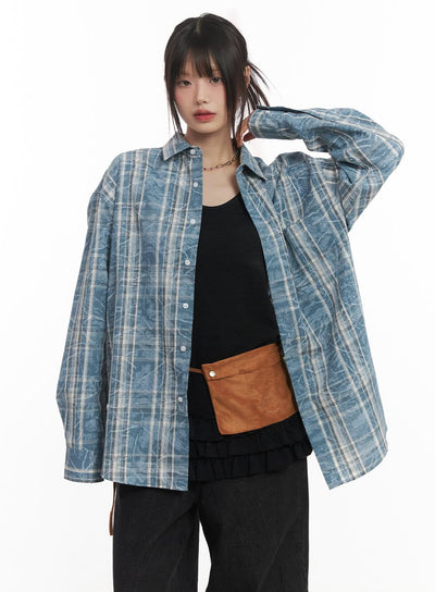 damaged-effect-oversized-flannel-cf518 / Blue