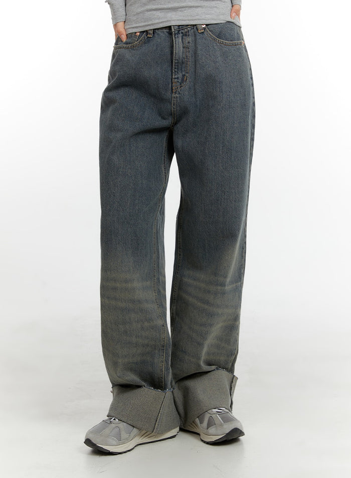 washed-straight-leg-roll-up-jeans-ca401 / Blue