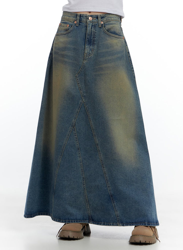 tailored-stitch-detail-denim-maxi-skirt-cs420 / Blue