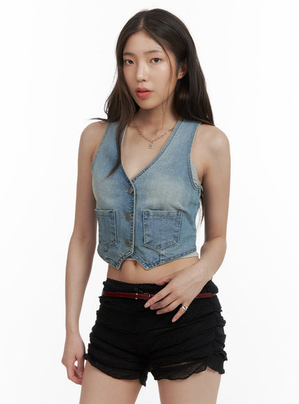 denim-v-neck-cropped-vest-cy416 / Blue