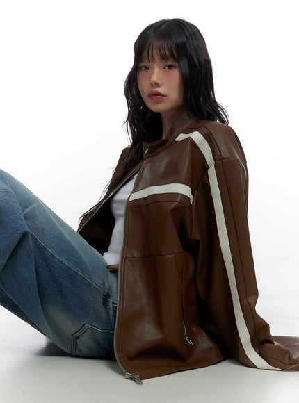 trendy-pu-leather-oversized-jacket-cs420 / Brown