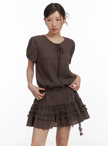 cotton-ribbon-frill-mini-dress-cl418 / Brown