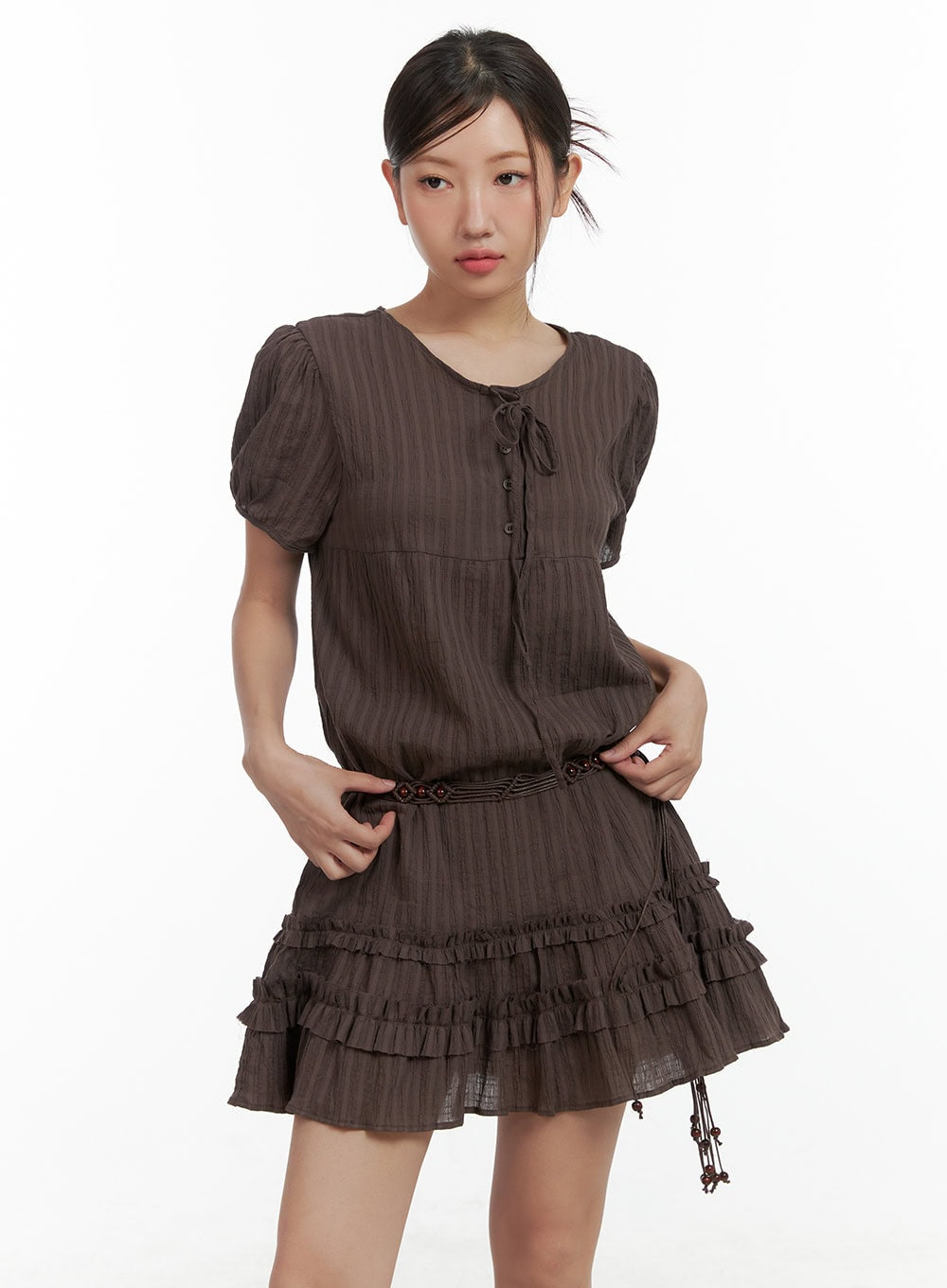 cotton-ribbon-frill-mini-dress-cl418 / Brown