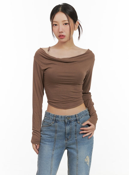 buckle-shirred-off-shoulder-long-sleeve-cg423 / Brown