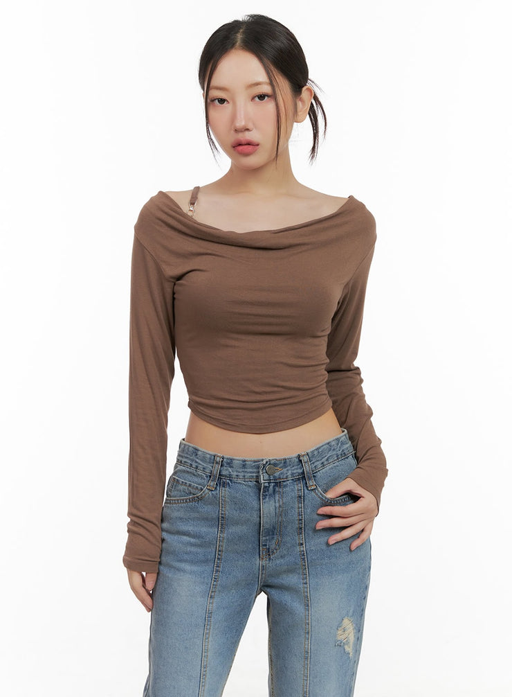 buckle-shirred-off-shoulder-long-sleeve-cg423 / Brown