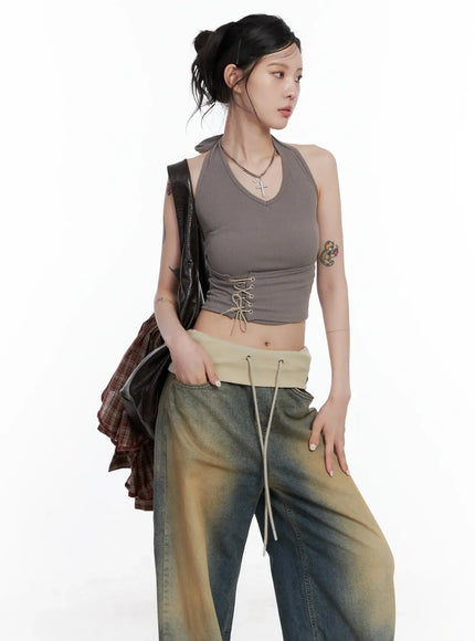 corset-lace-up-halter-top-cs512 / Brown